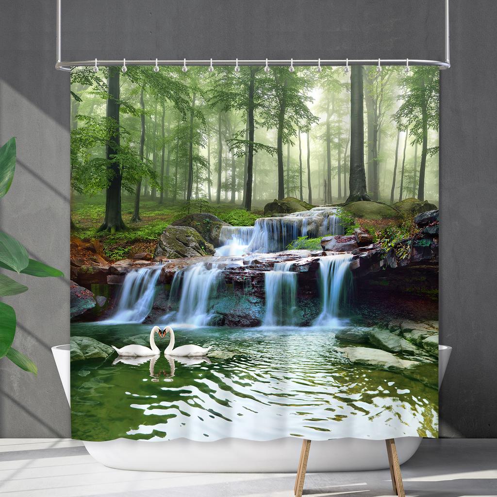 Bathroom Waterproof Curtain Digital Printing Landscape Waterfall Shower Curtain Free Punching Toilet Partition Curtain Shower Cloth