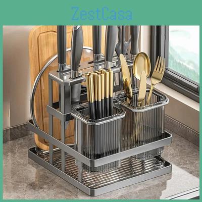 Kitchen Knife Wall Rack Mounted Cutlery Organizer Stainless Steel Pot Cover Knife Holder Chopping Board Drain Organizer Shelf