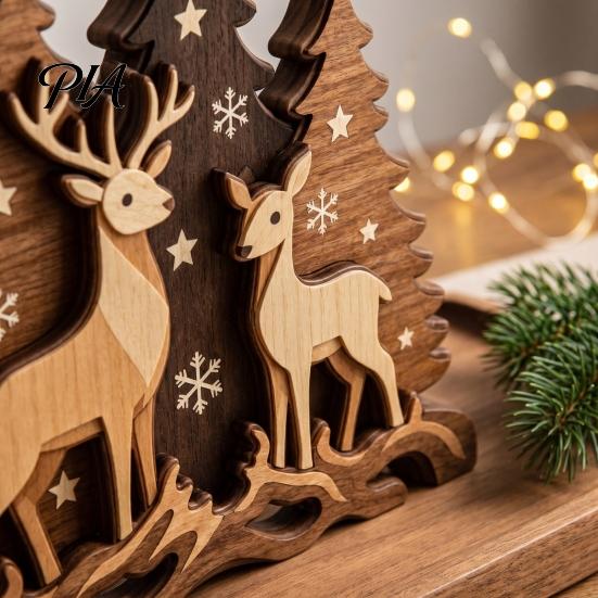 Christmas Gift for Friends Family Forest Deer & Tree Silhouette Figurine, Rustic Layered Cutout Tabletop Ornament, Winter Seasonal Tiered Tray