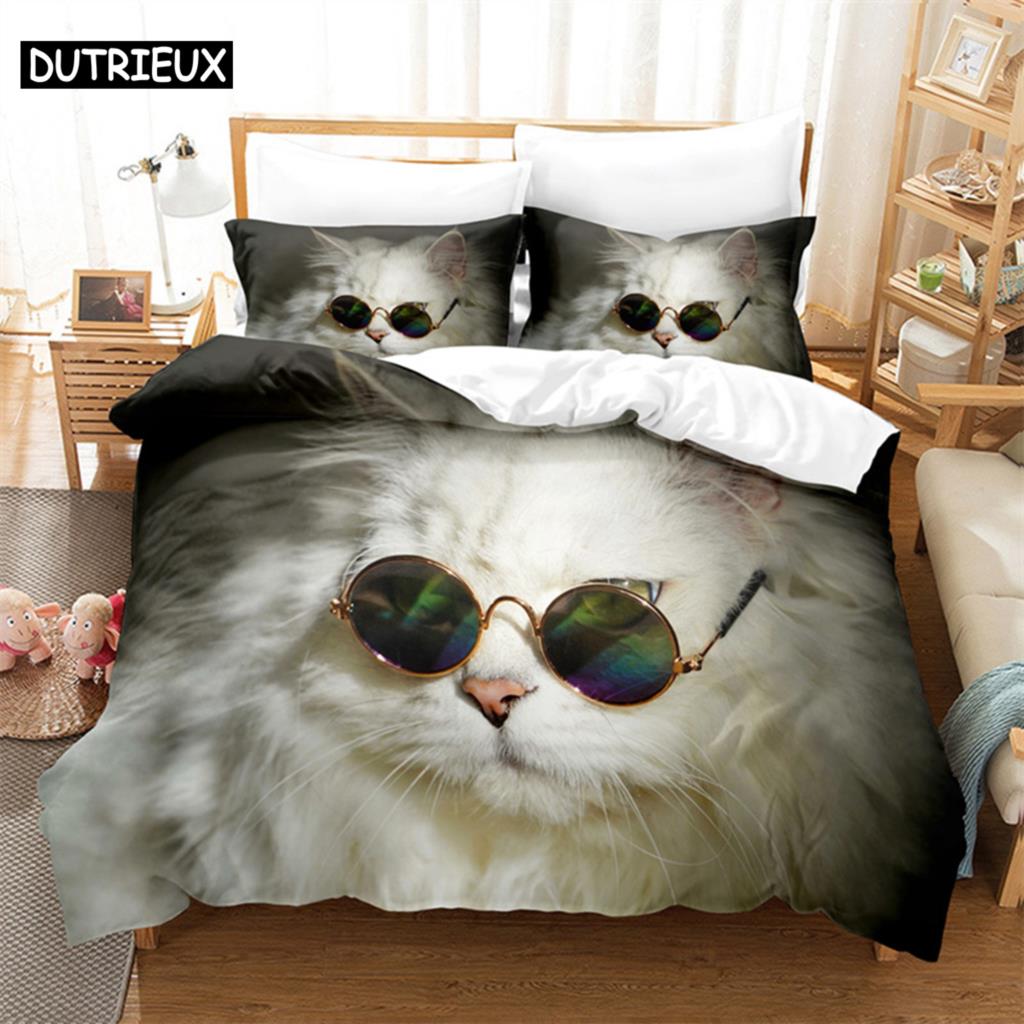 Comforter Cat Flowers Queen Bedding Set Pink Bedding Digital Printing King Size Bedding Sets
