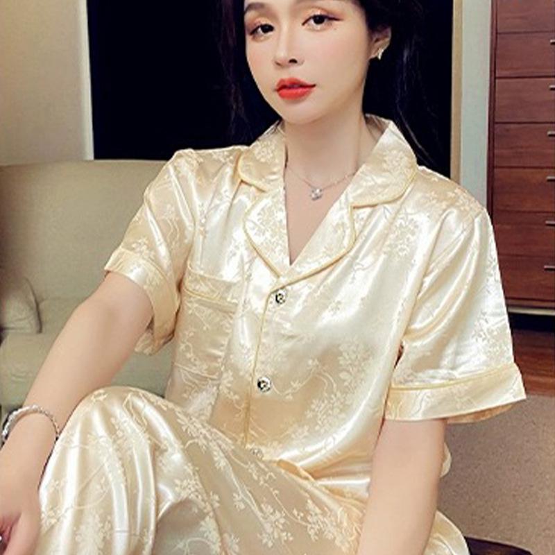 Light Luxury Summer Popular Ice Silk Thin Short-Sleeved Trousers Floral High-End Loungewear Set