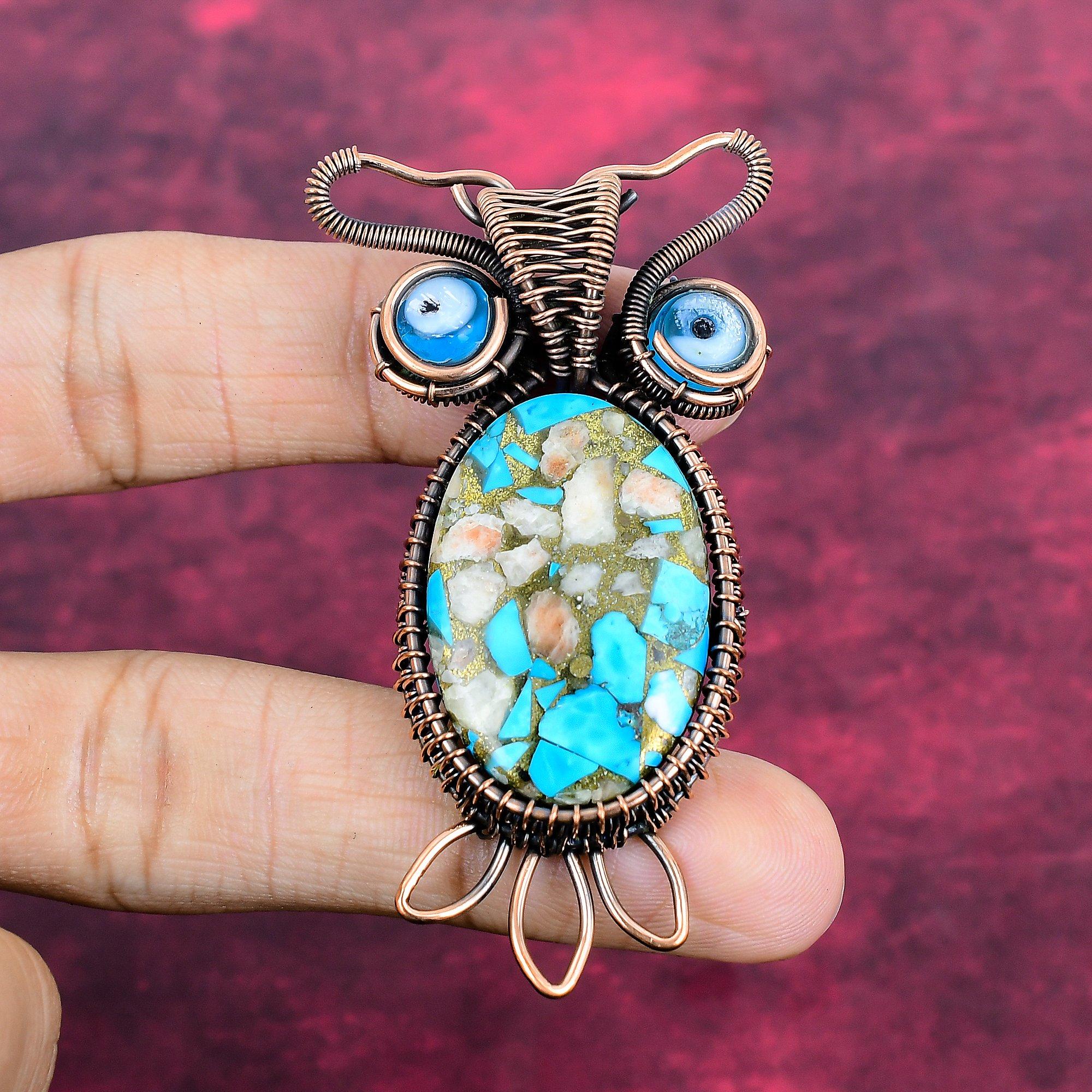 Pink Opal Copper Turquoise Pendant Blue Evil Eye Pendant Copper Wire Wrapped Owl Jewelry