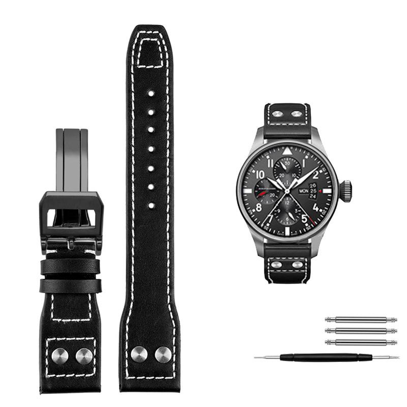 Für IWC Big Pilot Mark 18 Spitfire Braun blau Rindsleder Faltschließe Uhrenarmband Herren Echtes Leder Nieten Armband 21 22mm