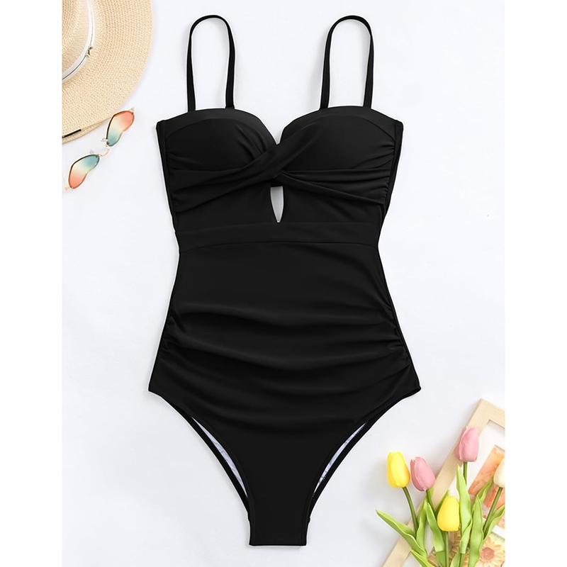 Solid One Piece Swimsuit Women Sexy V Neck Hollow Out Pleated Suspender Bodysuits Bikini Summer 2025 New Swimming Bathing Suit