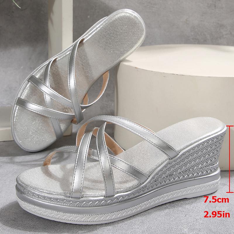 Cross Strap Wedge Heel Sandals for Women Summer 2025 Silver Chunky Platform Slippers Woman Anti Slip Thick Sole Slides Plus Size
