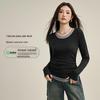 2025 Women's Slim Fit Black Lyocell Faux Two-Piece Long Sleeve T-Shirt