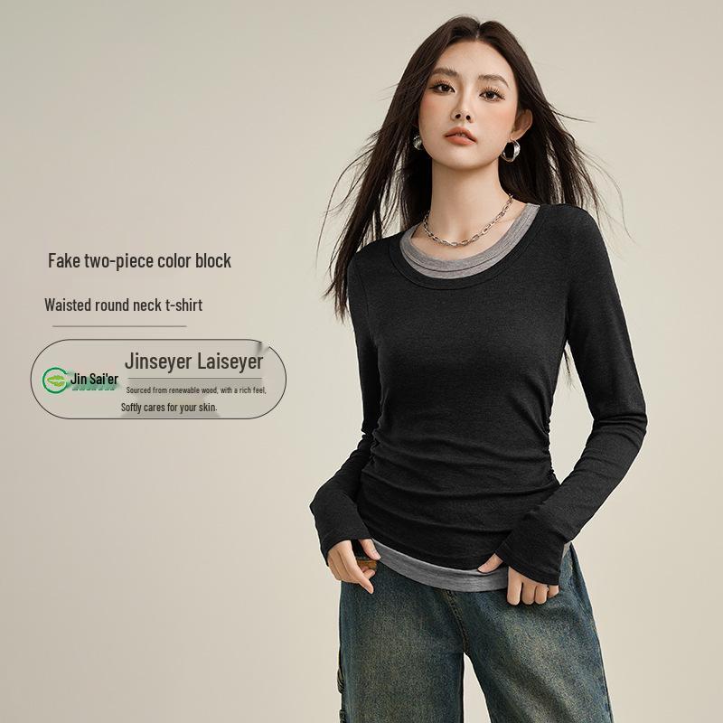 

2025 Женская приталенная черная футболка из лиоцелла с длинным рукавом, имитация двух частей Large