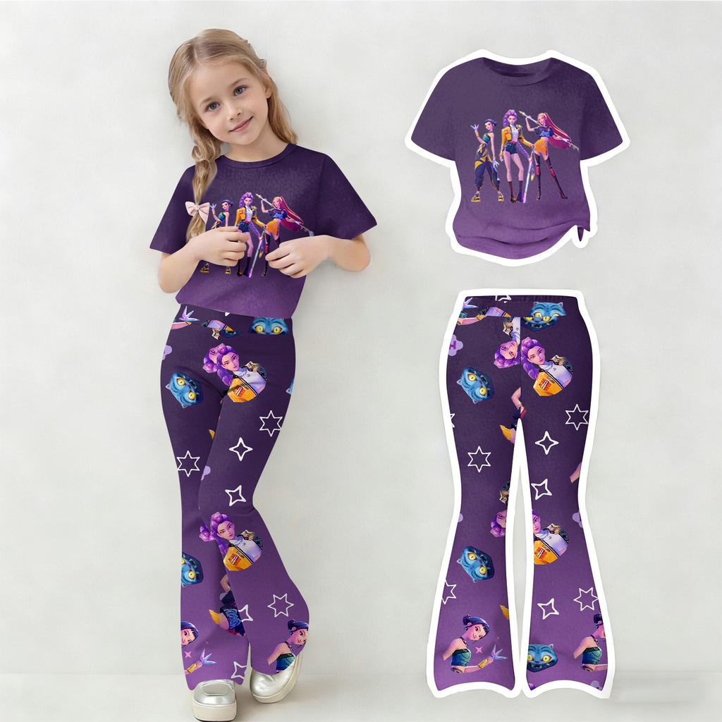 Children's Summer Sports T-Shirt And Bell-Bottom Pants Two-Piece Athletic Set Short Printed Clothing Set