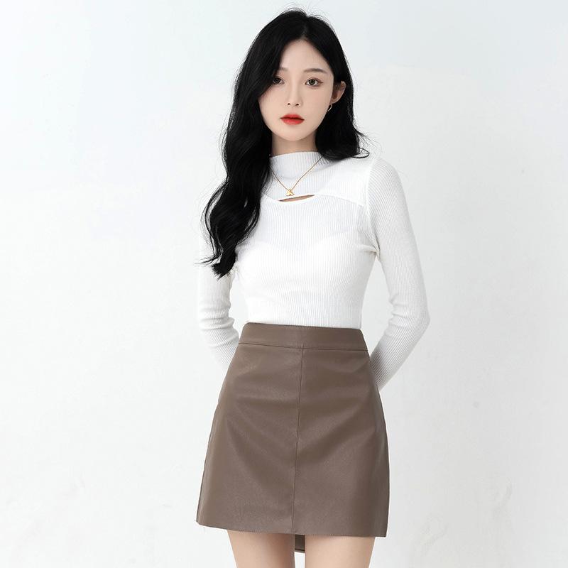 Hollow Out Inner Slim Fit Base Sweater for Women's Autumn and Winter Knitwear Top Semi High Neck Pullover Sweater