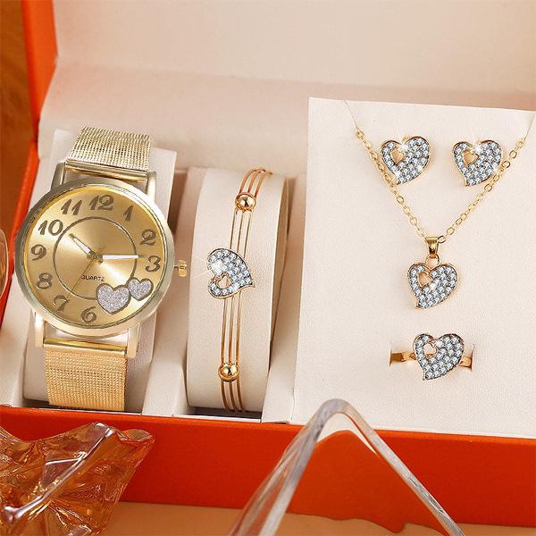 Damen Luxusmode Set: Stahlbanduhr mit kleinem Zifferblatt, Armband & Halskette