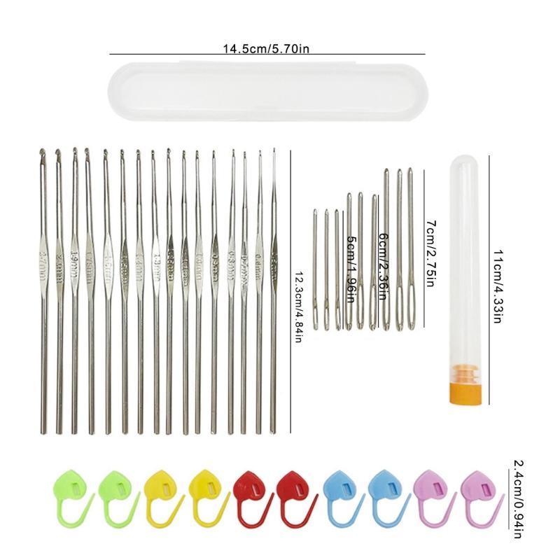 16/32/37Pcs Stainless Steel Crochet Hook Big Eye Knitting Needle Knitting Markers Set with Case for Crochet Hobbyist