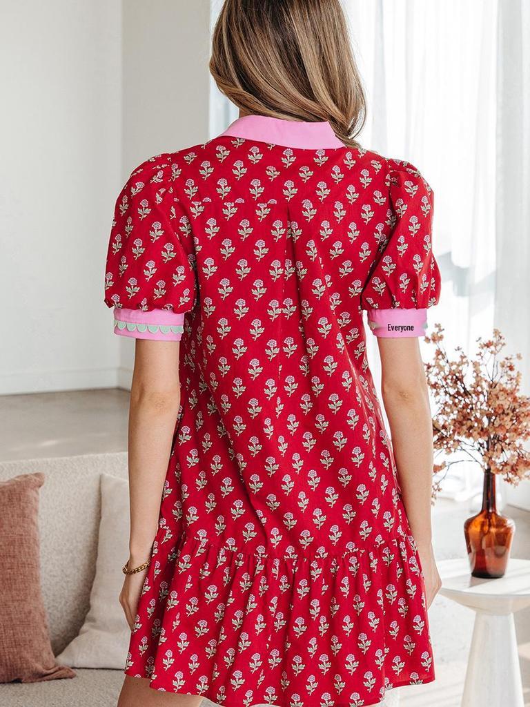 2026 Floral Print Lapel Pullover & Short Skirt - Women's Sweet European American Style, High Waist Summer Dress