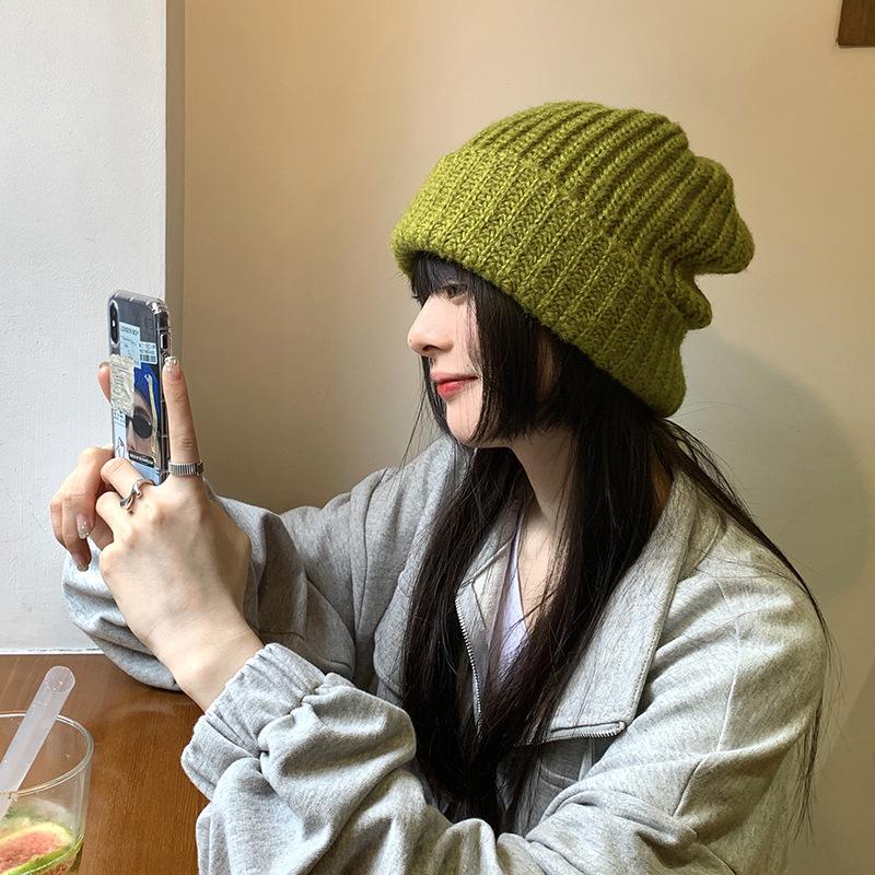 Women's Autumn and Winter Korean Style Versatile Green Wool Hat Winter Trend Korean Winter Japanese Face Protecting Knitted Hat