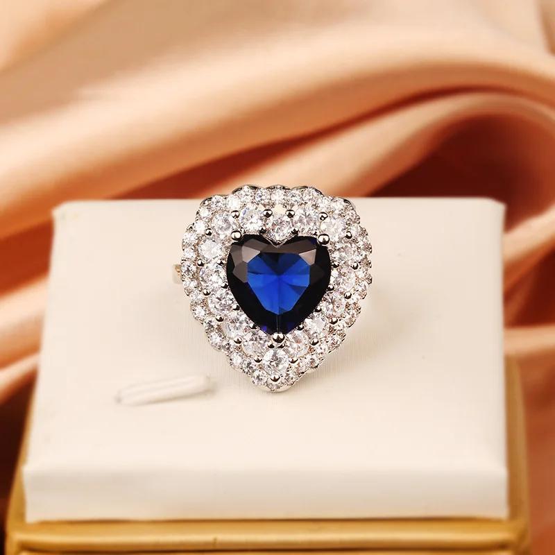 Exquisite Charm Blue Red Green Heart Zircon  Sterling Silver Ring For Women Fashion Wedding Gift  Anillos Mujer