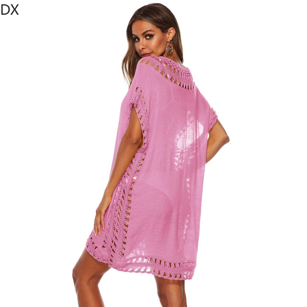 DX - Solid V-neck Hook Patchwork Smock Sexy Hollow Loose Beach Smock Short Skirt