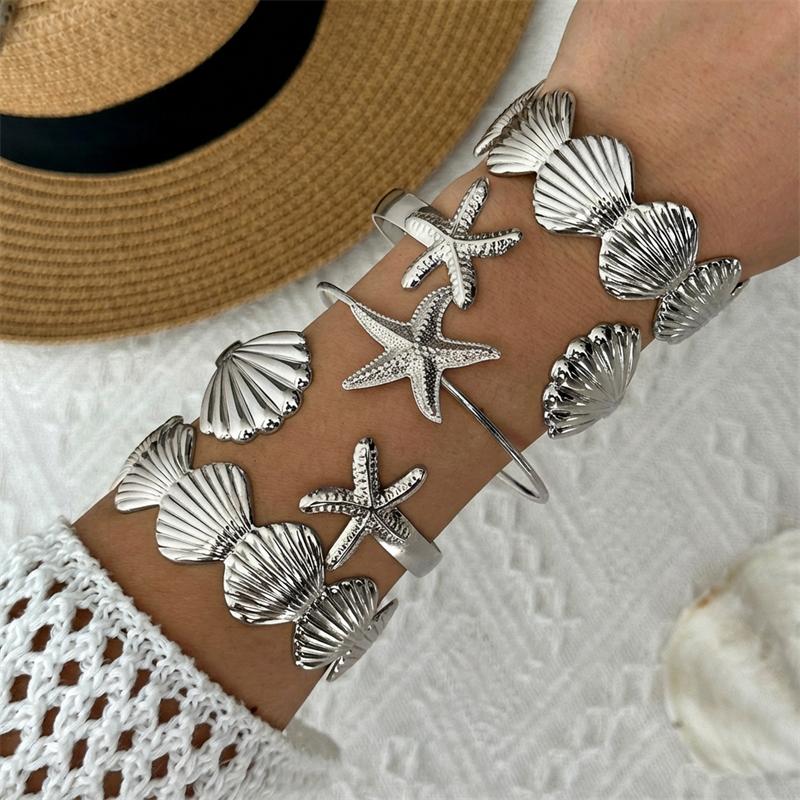 5Pcs/Set Exaggerated Starfish Shell Wide Cuff Bangle for Women Gold Color Sea Star Scallop Open Bracelet Beach Party Jewelry