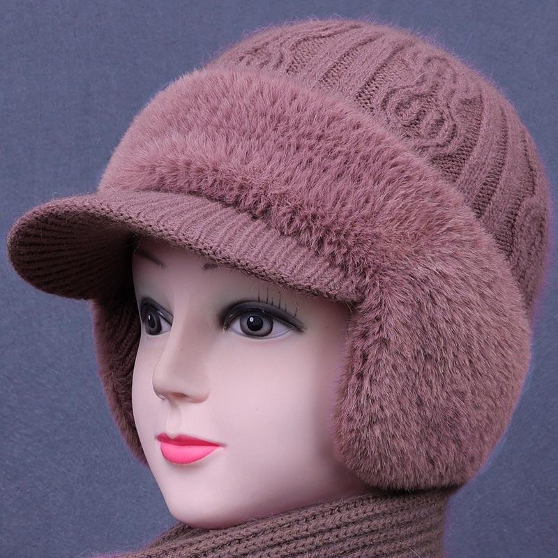 

Женский комплект из норковой велюровой шапки и шарфа с защитой ушей - Зимняя вязаная шапка-утка