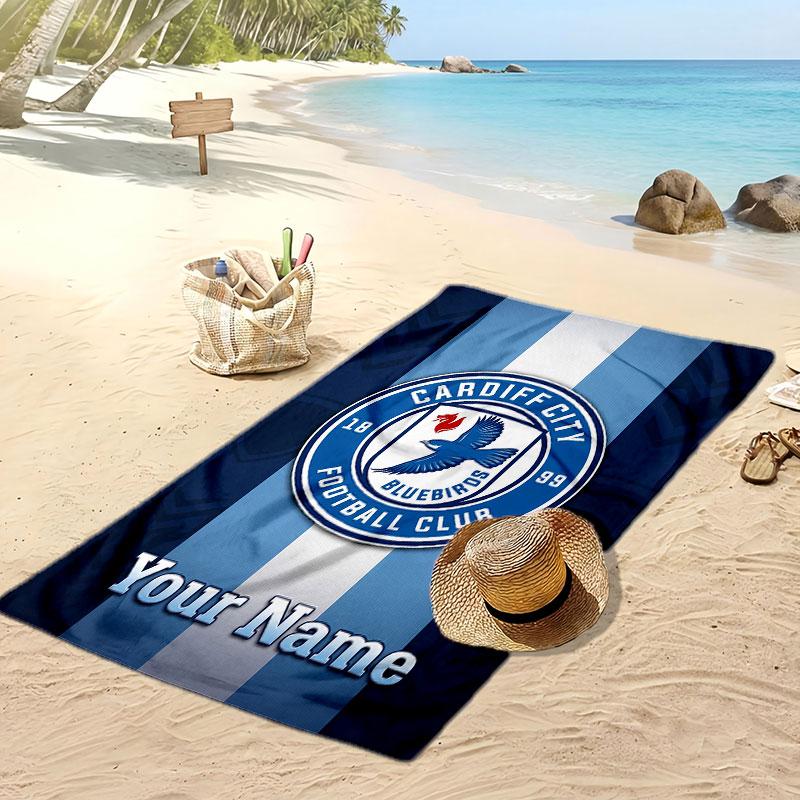 Cardiff City Personalized Printed Beach Towel Soccer Logo Support Custom Name Text Absorbent Towel For Sport Travel Special Gift