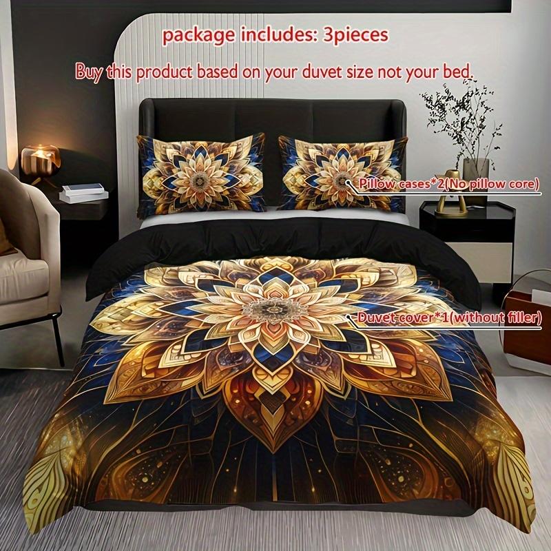 Golden Mandala Floral 3-Piece Duvet Cover Set with 2 Pillowcases - Breathable Polyester, All-Season Amazing Theme Floral