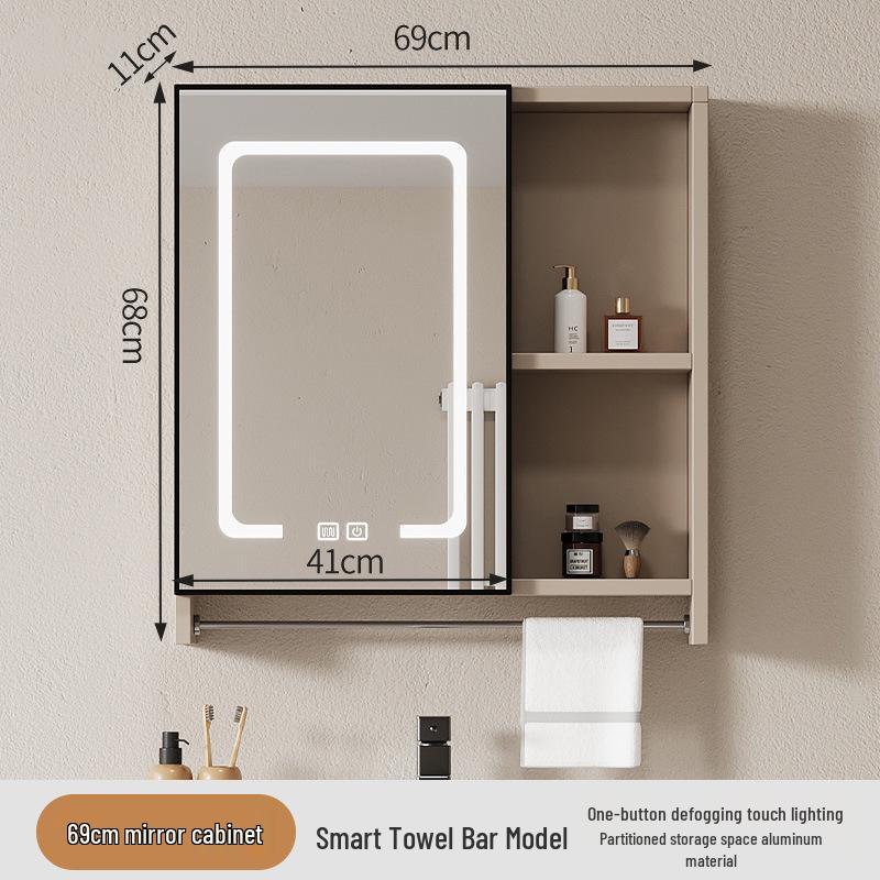40cm x 50cm Space Aluminum Smart Mirror Cabinet with Lights & Defogging, Punch-Free Wall-Mounted for Small Bathrooms