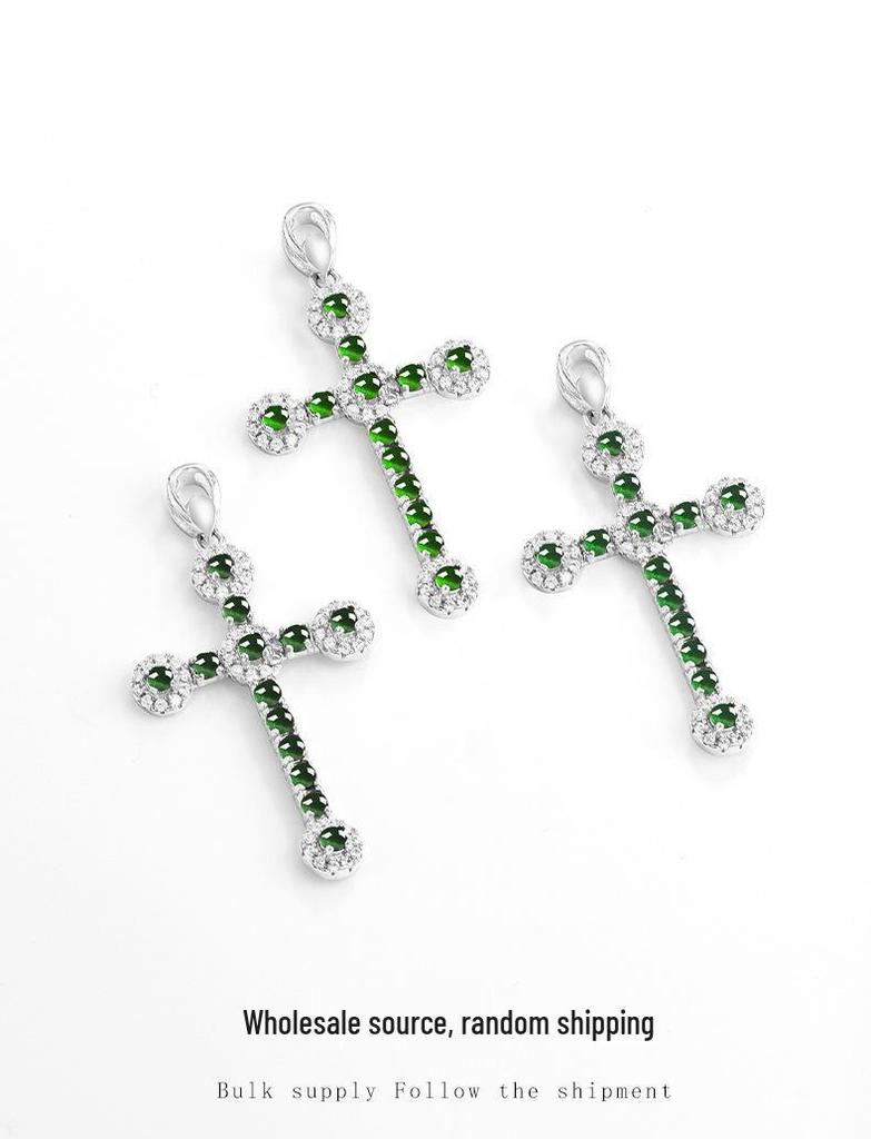 S925 Silber Inlay Natürliches Helles Grünes Jade Kreuz Anhänger für Männer und Frauen