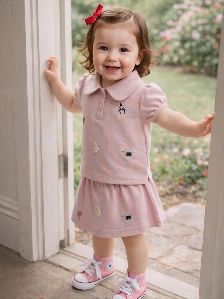 2026 Summer Girls Baby Pink Embroidered Puppy Polo Shirt & Skirt Set