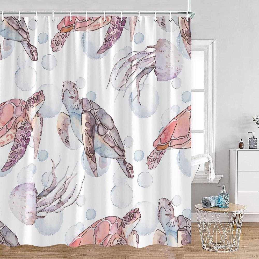 Ocean Animals Nautical Cartoon Shower Curtains Tropical Fishes Sharks Shell Sea Turtle Bathroom Decorations Kids Bath Curtain Wi