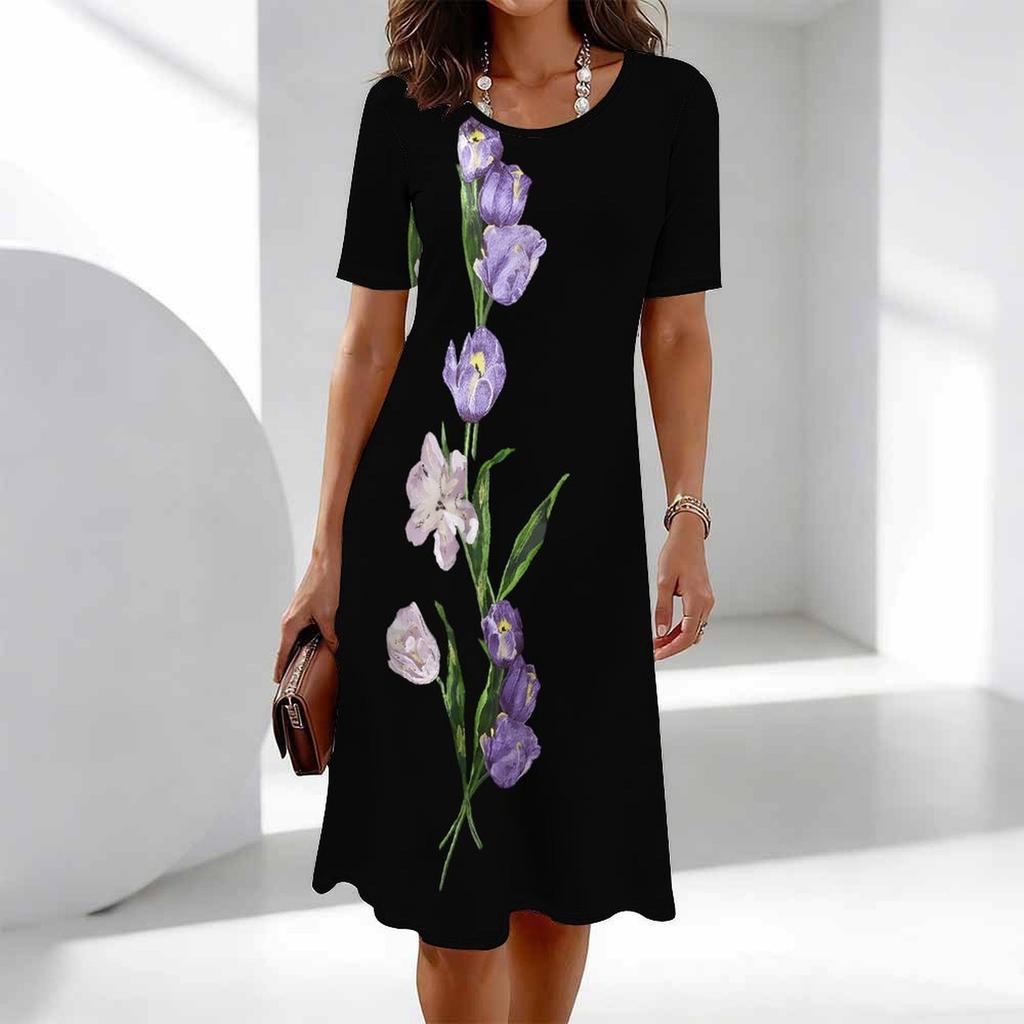 Women's Fashion Graceful Beautiful  Flower Print Summer Spring Short Sleeve O-Neck Casual Dresses