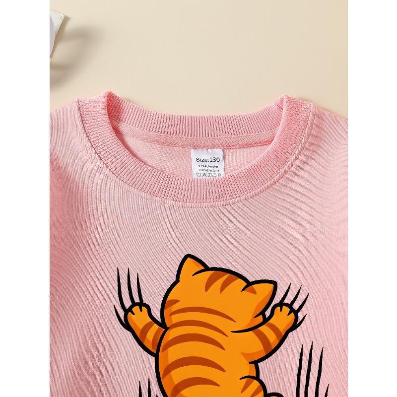 European sizes Girls Soft Crewneck Sweatshirt Cute Cartoon Cats Climbing Print Design, Casual All-Match, Ideal Holiday Present