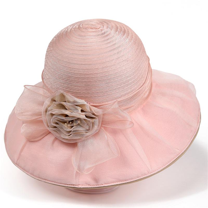 

Новая модная шляпа от солнца женская пляжная шляпа-ведро шляпа от солнца с цветком из органзы шляпа-панама M（56-58cm） розовый