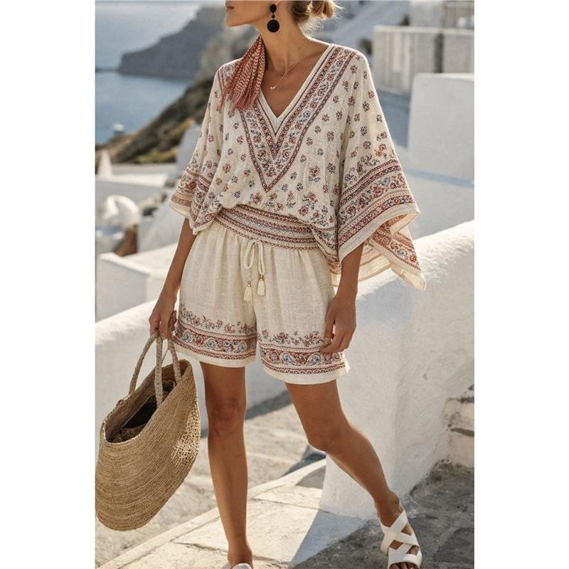 16 European and American summer printed beach blouse vacation casual bikini beach bat sleeve set