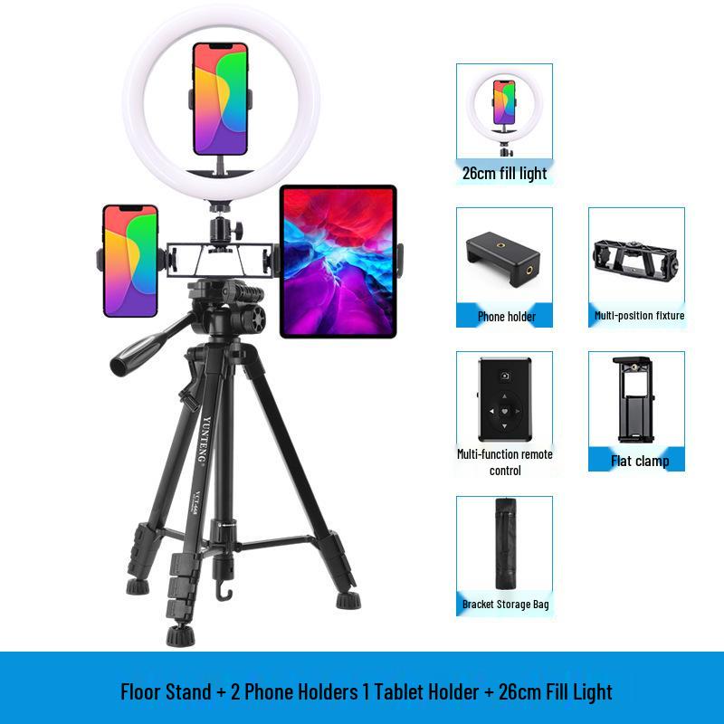 Dual Camera Live Streaming Stand with Fill Light for Multi-Phone Video Shooting and Product Promotion