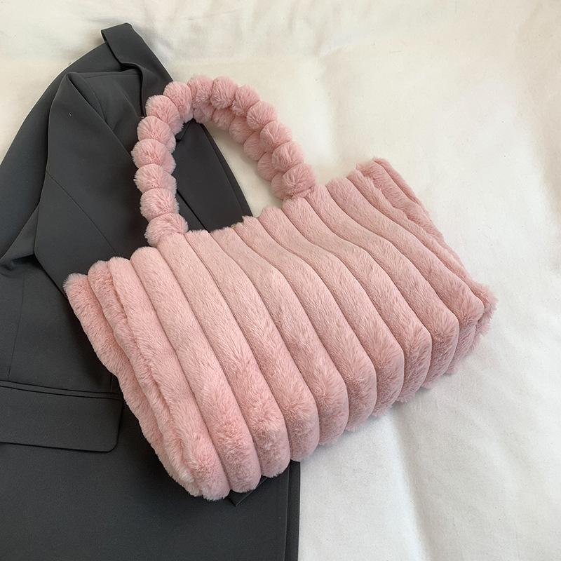 New Fashionable Solid Color Simple Casual Plush Portable Shoulder Underarm Bag Beautiful Fluffy Portable Handbag