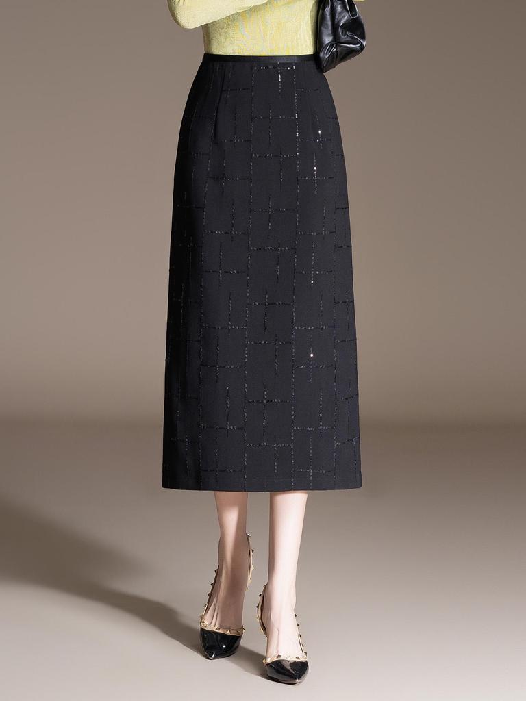 Spring 2026 Black Sequin Slim Bodycon High Waist Midi Pencil Skirt