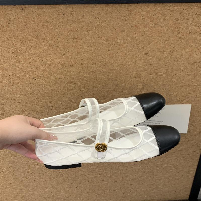Retro Mary Jane shoes women's flat 2025 summer new diamond mesh ballet shoes single shoes splicing sandals