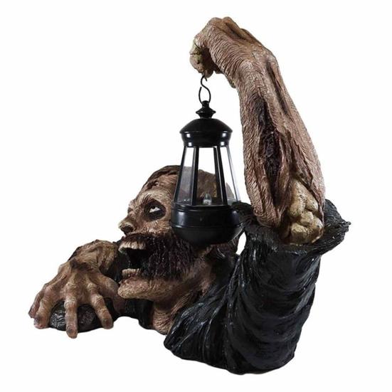 Halloween Zombie Lantern Ornament Resin Spooky Zombie Figurine Statue Sculpture Indoor Outdoor Garden Lawn Yard Patio Holiday Party Decoration