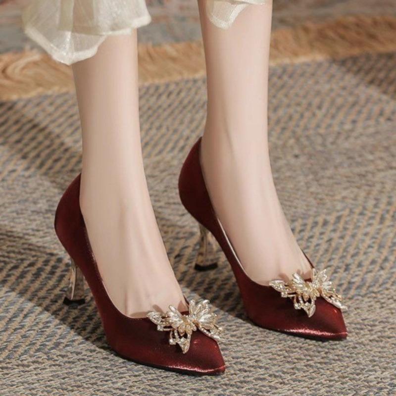 Fashion Women's Fashion Slim Heel Shoes Autumn New Pointed Head Suede Crystal Butterfly Anti-slip Wear-resistant High Heels