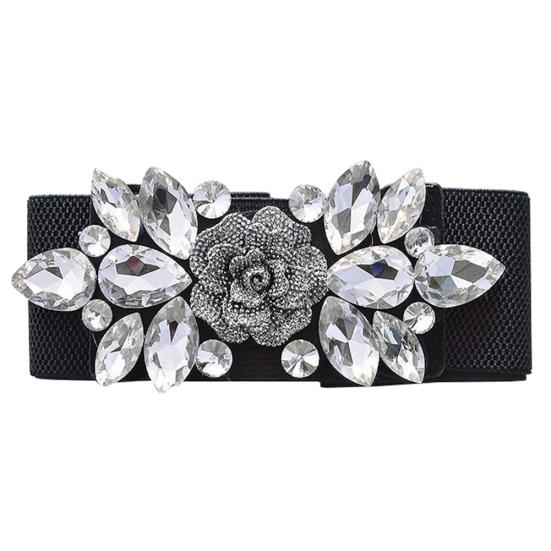 Wedding Party Women Fashion Floral Buckle Rhinestone Elastic Wide Clinch Belt