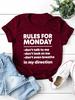 REGELN FÜR MONTAG Buchstabenaufdruck Damen T-Shirt Kurzarm O-Ausschnitt Locker Damen T-Shirt Damen T-Shirt Tops Camisetas Mujer