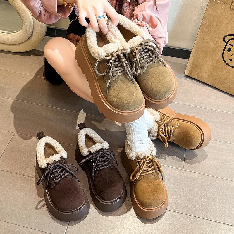 Fashion Fur Platform Women Snow Ankle Boots Suede Mid Heels Cotton Mary Janes Shoes 2025 Trend Lace Up Short Plush Winter Botas De Mujer