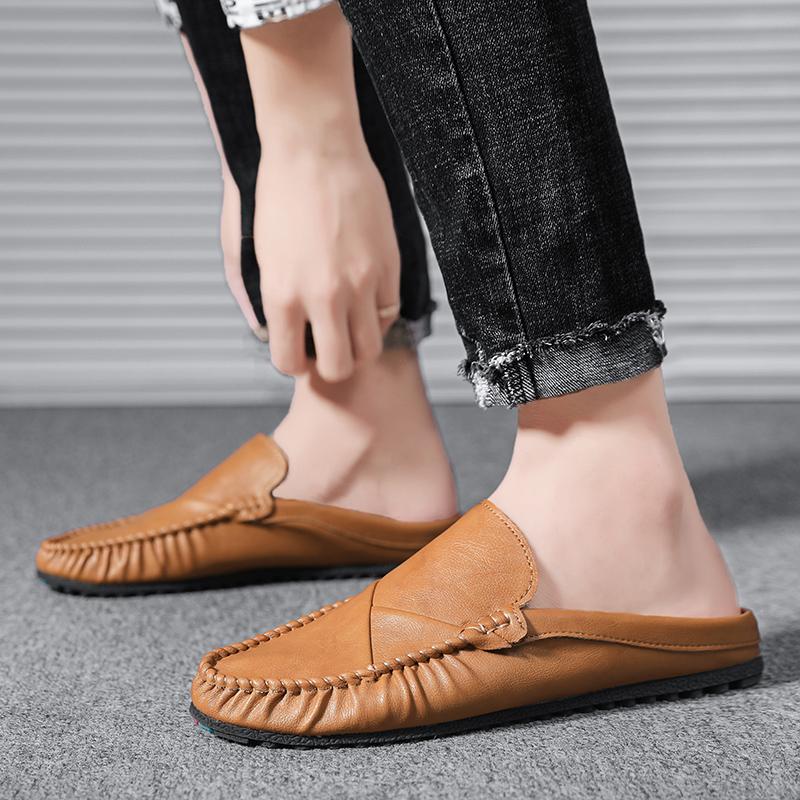 2026 Mules Mens Backless Loafers Slippers Half Shoes For Men Slide Closed Toe Sandals Man Semi Drag Casual Comfy Moccasins Brown
