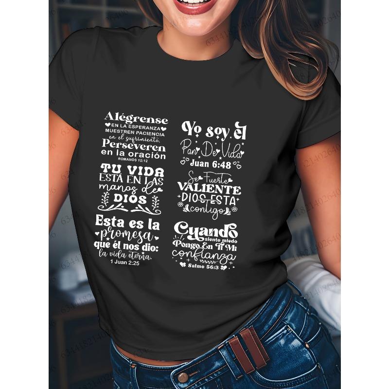 

[Women s Bible Verse T-shirt] City Light Fashion - Spanish Bible Verses Printed Summer Women s Casual T-shirt Short Sleeves Girlfriend Clothing Inside 4XL чорний