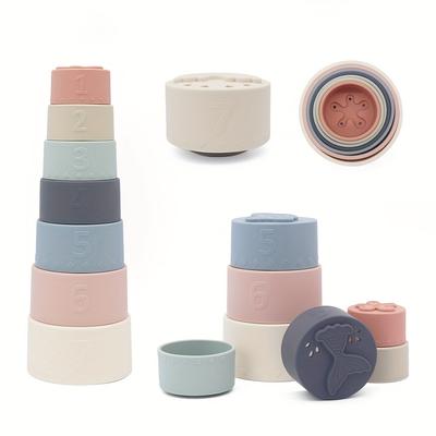 7pcs Silicone Stack Cup Teether Set, Educational Baby Toy, Soft Teeth Training Toy, Christmas Gift for Toddlers