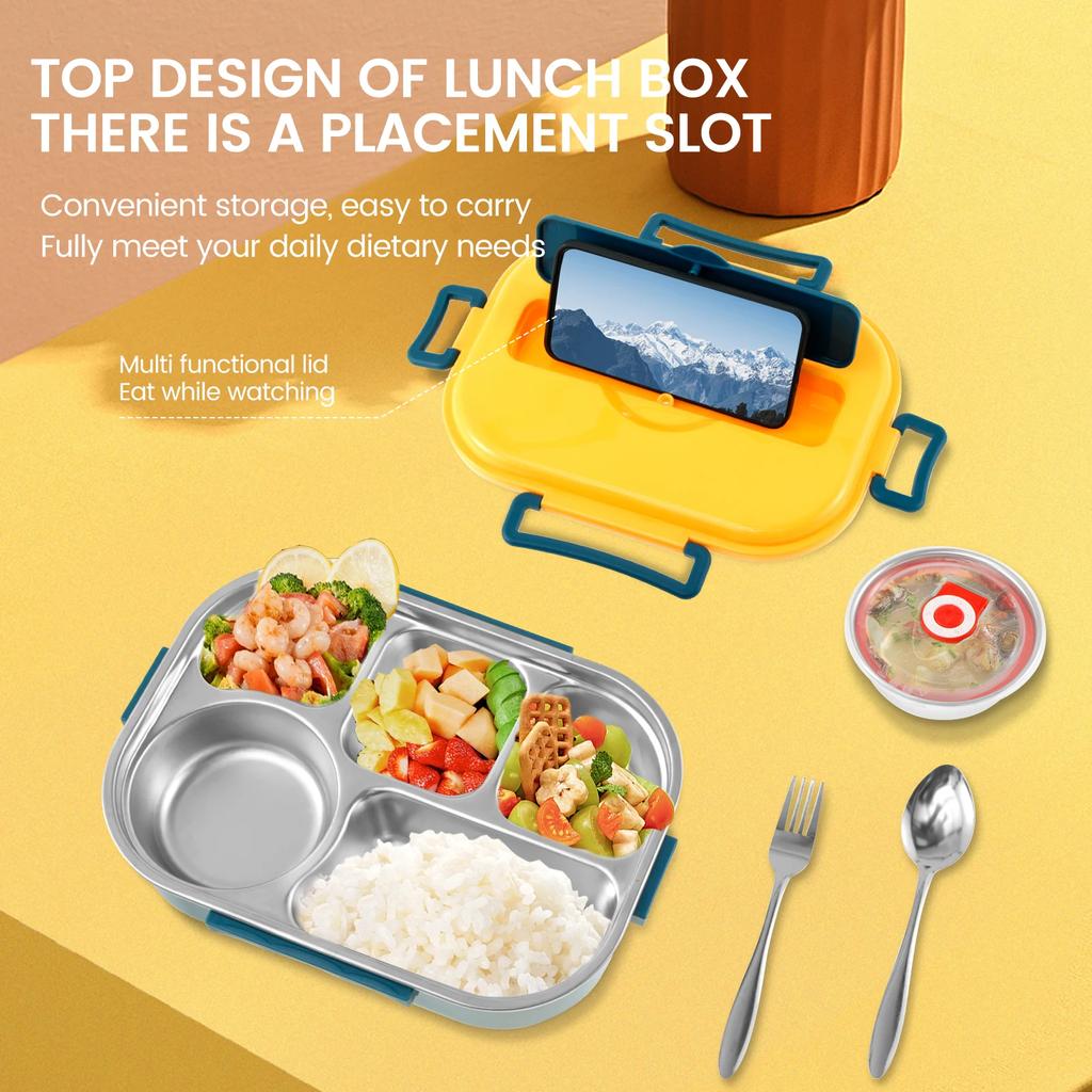 Food Container with Soup Bowl Spoon and Fork Large Capacity Food Storage Box with 5 Compartments 304 Stainless Steel Food Box