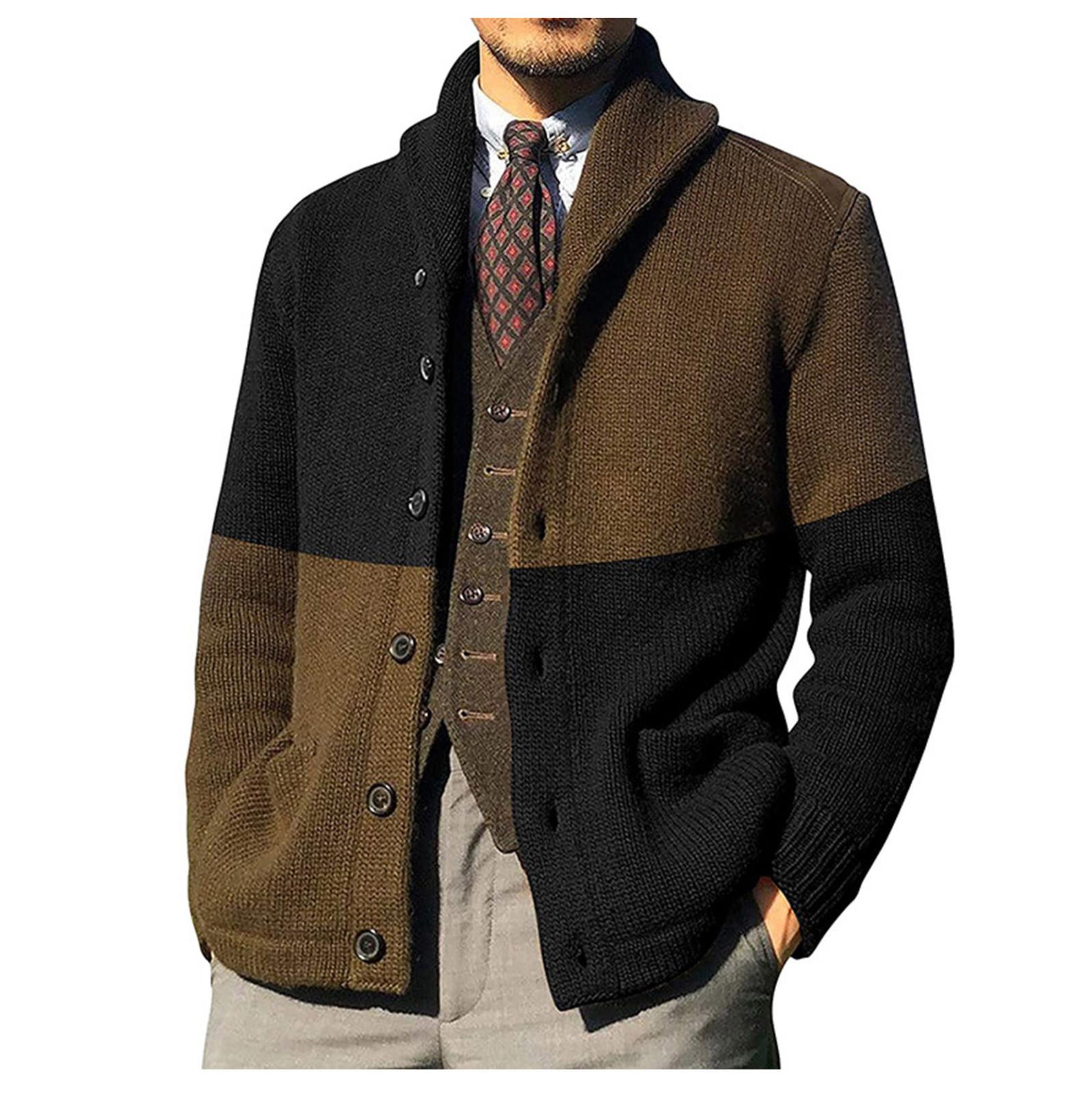 Кардиганы, свитера для мужчин, повседневная шаль с длинным рукавом, цветные блоки, трикотажные свитера на пуговицах L чёрный