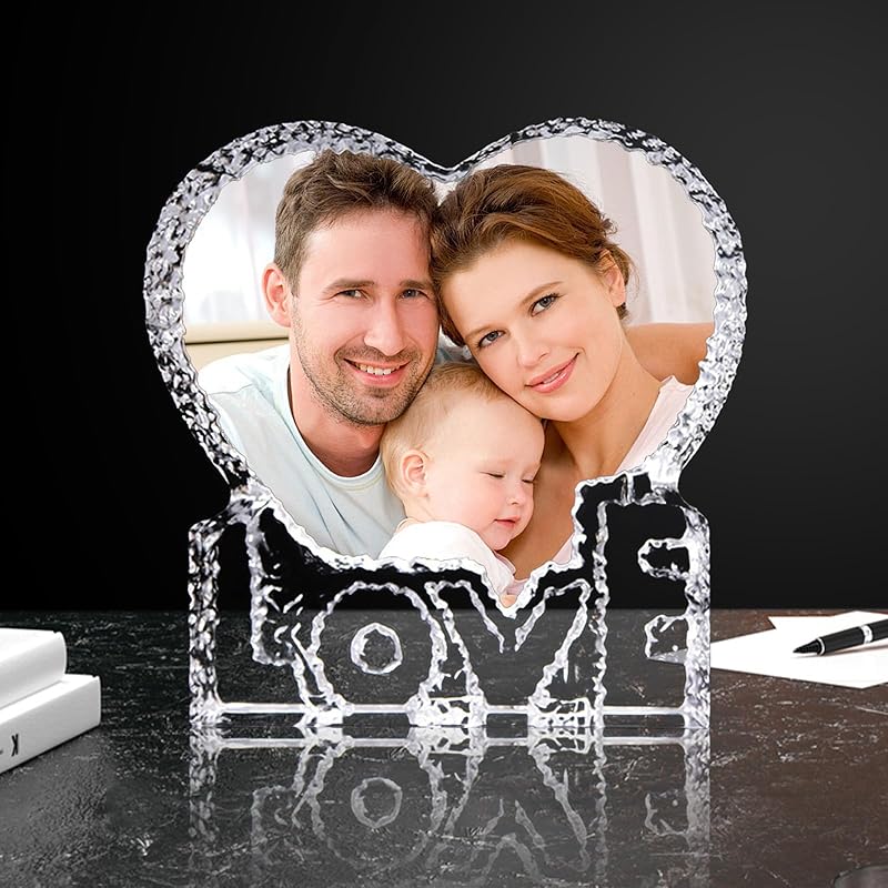 Custom 3D Crystal Photo, Personalized 3D Crystal Night Light Heart-shaped Photo Frame, Best Gift for Couple Love Women Men Wedding (MOM)