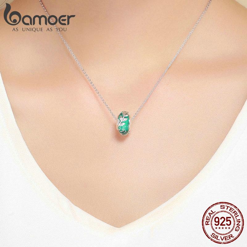 BAMOER Genuine 925 Sterling Silver Tree Leaves Green Leaf Murano Glass Beads Fit Charm Bracelets
