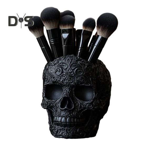 Makeup Brush Holder Skull Shape Large Capacity Makeup Brush Container Sturdy Resin Construction Storage Organizer