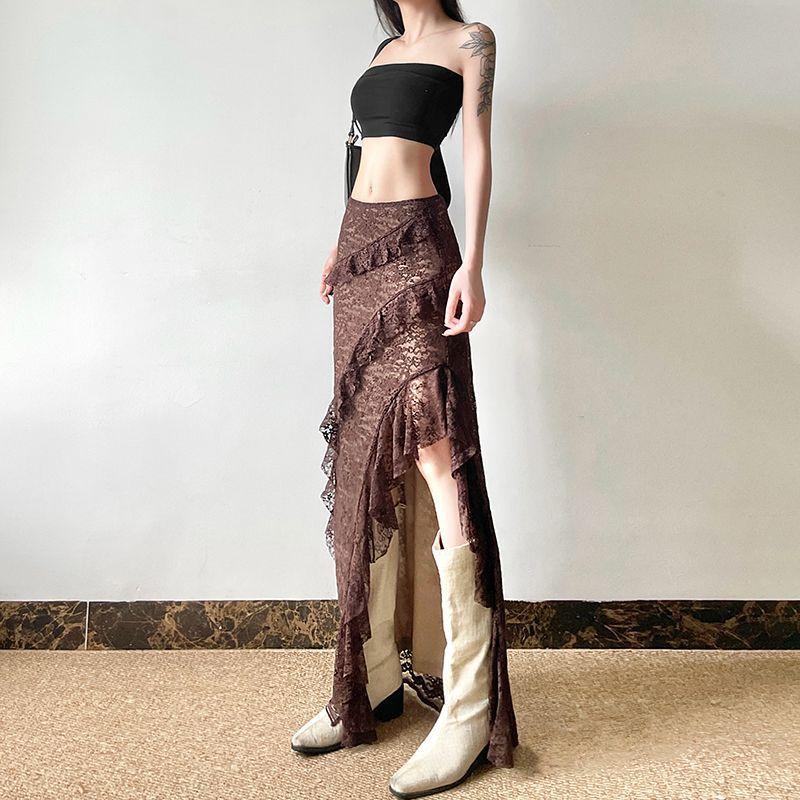 Design Sense Vintage Style Ruffled Cake Slit Skirt for Women Zipper Ruffle Edge Splicing for Slim Fit