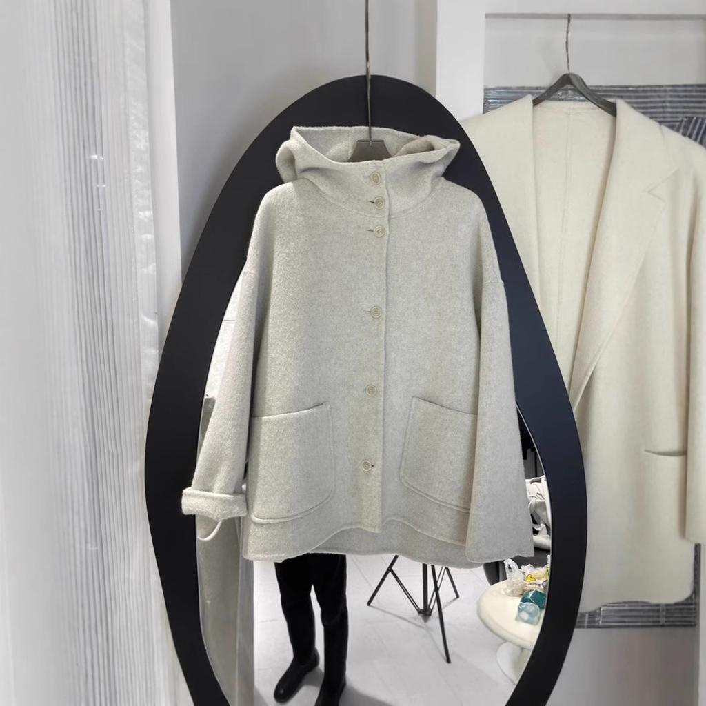 Hooded Double-sided Nylon Wool Coat Coat Women's Woolen Simple and Versatile Casual Commuter Loose Version Medium and Long